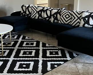 Black and White Area Rug, Media Center, Sectional Sofa (3-pc), Faux Marble and Gold Based Coffee Table