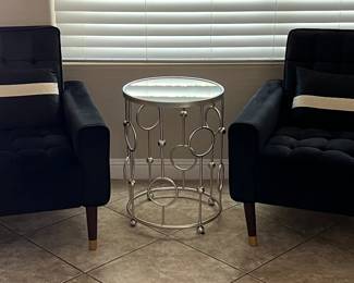 Black Velvet-like Tufted Chair pair, Silver Drum Table w Mirrored Top