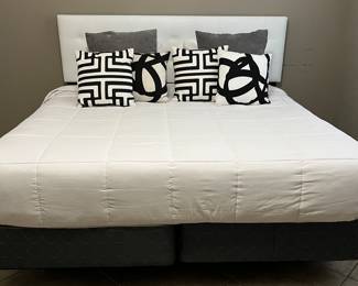 Spare Bedroom Downstairs: King White Padded/Tufted Headboard, Bed Frame, Mattress/BS, Lots of Black & White Pillows, Grey Pillows, Mattress Pad, Duvet Cover, Duvet Insert