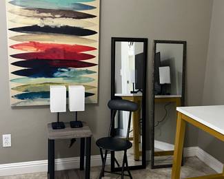 Art, Small Wardrobe Mirrors x 4, Small Scale End Tables pair (we have several sets!) , Small Scale Table Lamp w Outlets/Charging Stations pair (we have several sets!), Folding Chair