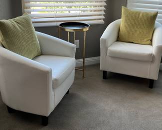 White Barrel Chairs, Decorative Pillows, Collapsible Table (now downstairs sold as a pair)