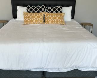 King Bed: Black Tufted Padded Headboard w/ Bed Frame, King Mattress/BS, Duvet Cover, Bedsure Duvet Insert, Decorative Pillows, Nesting Tables