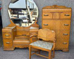 Antique Art Deco Unique Vanity and Bench Blonde Wood with Mirror and Matching Dresser
