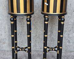 Pair of Painted Hollywood Regency Style Black and Gold Planters on Faux Bamboo Tall Stands

