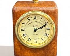 Vintage Roger Lascelles Quartz London Miniature Desk Clock Leather and Brass
