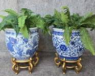 Pair Lovely Blue and White Asian chinoiserie Porcelain Jardinires with Gilt Painted wood bases and Faux Ferns Plants
