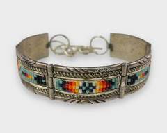 Fine Native American Navajo Sterling Silver Multi Color Beaded Link Bracelet
