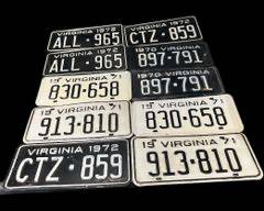 Ten vintage Early 1970s Virginia Enamel License Plates Black & White
