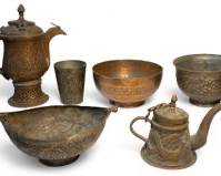 Fantastic Antique 6pc Middle Eastern Arabic Copper Lot - Teapot Kettle, Minia2 Etched Pedestal Bowls, Hanging Pedestal Footed Dish,
