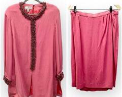 SAKS FIFITH AVENUE Bright Pink Charmeuse Party Skirt and Blouse with Beaded Collar & Cuffs. Sz 14
