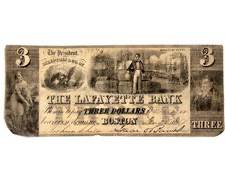 Antique 1837 The Lafayette Bank Boston, MA $3 Banknote
