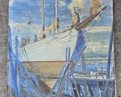 20th c Van Dyck Harborside Boat Painting on Canvas

