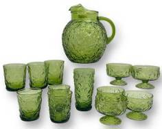 Vintage Anchor Hocking Retro MCM Mid Century Modern Green Moulded Bubble Thumbprint Glass Pitcher and Glasses
