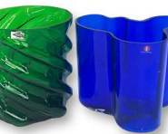 Vintage Alvar Aalto 587/1993 Coblat Blue Vase and Nuutajarvi Finland Emerald Green Swirl Vase MCM Mid Centurn Modern
