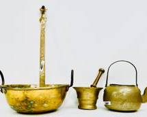 Antique Middle Eastern + Asian Brass Cookware mortar & pestle kettle and Pan with Handle
