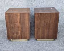 MCM Pedestal Block Cube Side Tables Walnut & Aluminum Brass Trim Mid Century Modern

