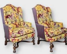 Pair Modern High End Tapestry Style Carved Wood X Base Lounge Chairs with Brass Tack Trim High Quality see lot 589
