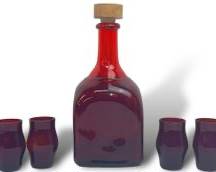 Vintage Mid Century Modern MCM Ruby Decanter With wood Stopper and Glasses
