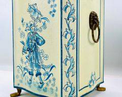 Vintage Ivory And Blue Tole, Footed Waste Basket W Gilded Lion Handles
