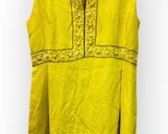 SAKS FIFTH AVENUE Vintage Mod 1960s Yellow Crepe Sleeveless Mini Dress with Beading at Neckline and Waist.
