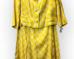 Vintage Yellow Silk Dress and Matching Jacket with Daisy Motif and Inverted Pleats

