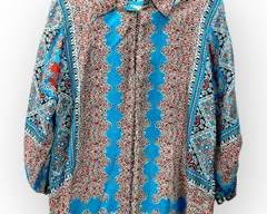 JOHNNY WAS Silk Turquoise/Red/Black/Multi Boho Hippie Style Button Down Shirt. . Sz L
