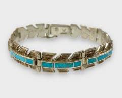 W Fine Native American Sterling Silver Turquoise Link Bracelet 7.75
