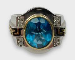 Fine Stunning Mens Sterling Silver Blue Gemstone Statement Ring Size 11
