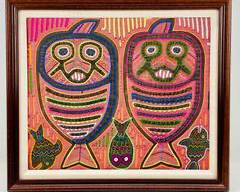 Vintage South American Framed Mola Flaying Fish
