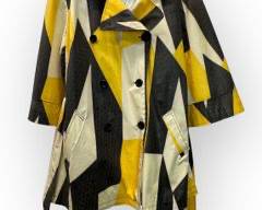 WDNY Patent Leather Short Trench Coat with Modernist Pattern in Yellow/Grey/Ivory. Sz 10
