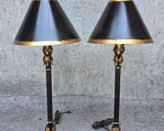 Pair Fancy Acanthus Leaf Metal & Resin Table Lamps w Shade Hollywood Regency Style
