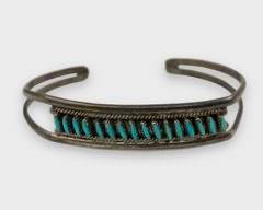 Fine E. Weeka Native American Zuni Silver Needlepoint Turquoise Cuff Bracelet
