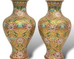 Pair Lovely Chinese Cloisonne Hand Painted Floral Brass Vases 15.5" High
