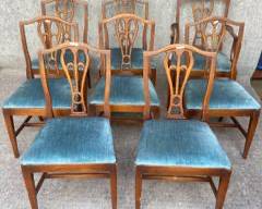 8 Antique Hand Carved Dining Chairs with Blue Velvet Seats
