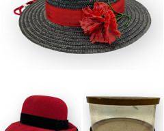 Vintage See-Through Hat Box. NORDSTROM Red Wool Hat and Black Straw Hat with Red Band, Sz Small
