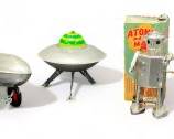 Vintage Flying Space Saucer Restoration Hardware, Schylling Atomic Robot Man and Graf Zeppelin all in working condition
