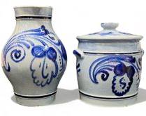 Two Stoneware Salt Glazed Marzi Remy Pitcher and Lidded Jar
