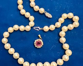 Pearls with 14K Clasp & Gold Filled Pendant with Seed Pearls & Purple Stone