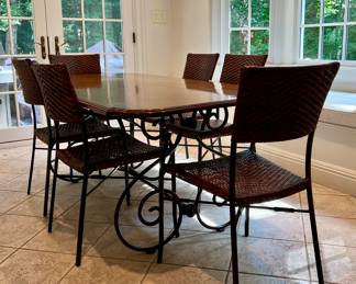 Dining Room Table with Iron Base & (7) Caned Armchairs