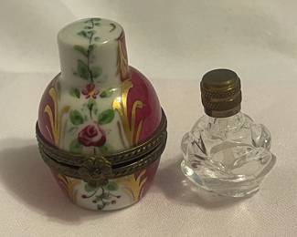 Vintage Limoges France Peint Main Floral Trinket Box with Small Perfume Bottle Inside 