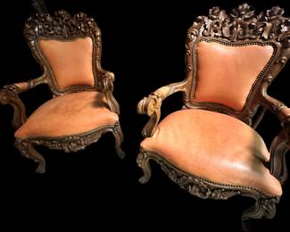 Antique Carved Chairs with Leather