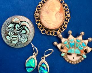Cameo Broach, Native American Pin, Mid-Century Enamel Pin & Sterling Silver Earrings 