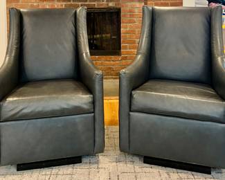 (2) West Elm Leather Swivel Armchairs