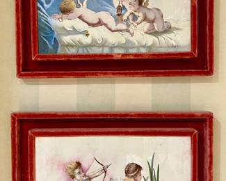 Antique "Cherubs" Painted Porcelain Tiles, J. Bigot