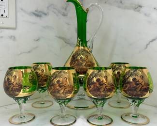 Antique Moser Era Green Glass Decanter Set with Courting Scene