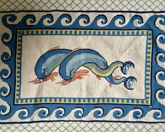 Smaller Needlepoint Rug Depiction of Dolphins After a Roman Mosaic