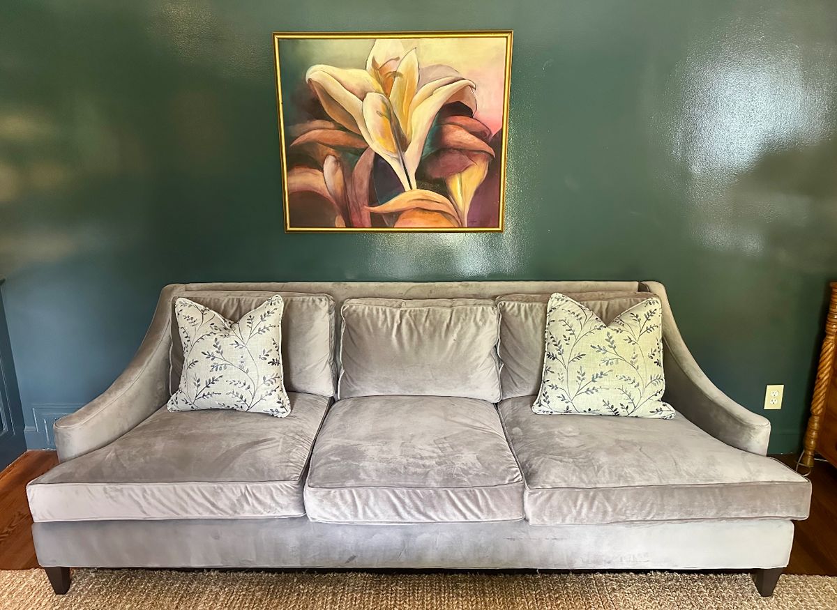 Arhaus Furniture Shimmery Silver Velvet Sofa