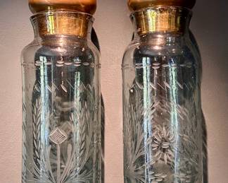 (2) Etched Glass Vases with Brass Lids