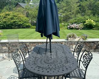 Cast Aluminum Table, 4 Armchairs & Umbrella