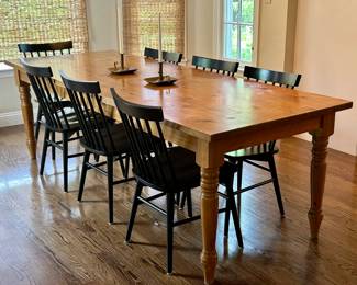 Pine Dining Table & (8) Black Chairs
